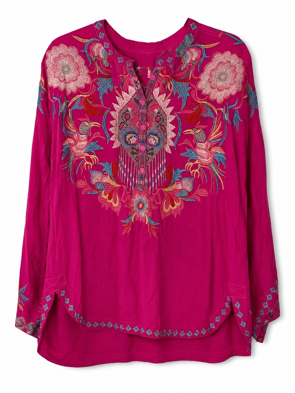 Johnny Was BIYA Esmeralda Floral Embroidered Rayon Tunic Blouse Pink Small